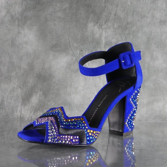 Giuseppe Zanotti LAVINIA Blue Suede Crystal Peep Toe Heels Size 7* US 37 EU S1E1 - Picture 9 of 12